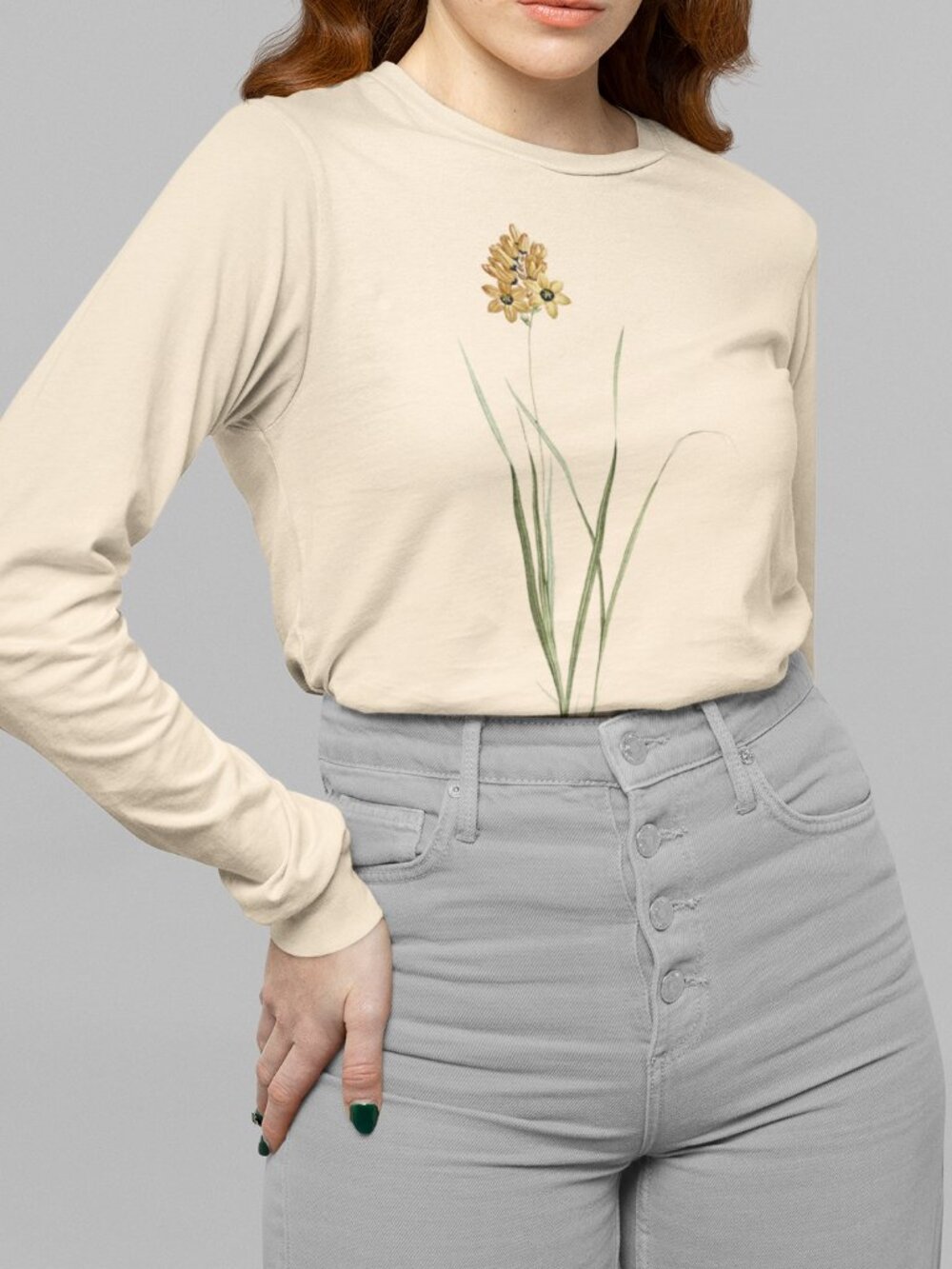 Cone Ixia Vintage Floral Print Long Sleeve Graphic Tee T-shirt S-XXL